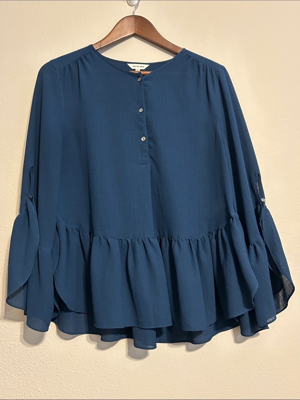 Max Studio Soft Flowy Modern Chic Navy Ruffle‑Hem Blouse | Size S